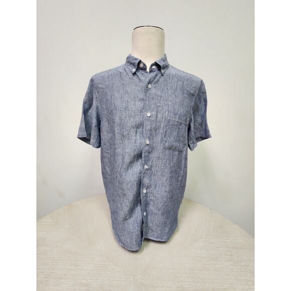 Everlane The Classic Short-Sleeve Shirt in Linen Striped Blue Size M - Picture 1 of 7